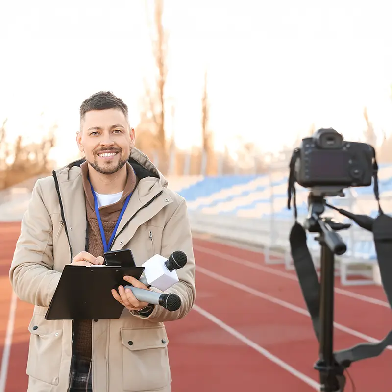 A male B.A. in Communication major standing in front of the camera holding a microphone