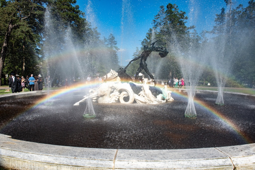 GCU Apollo fountain with rainbow.