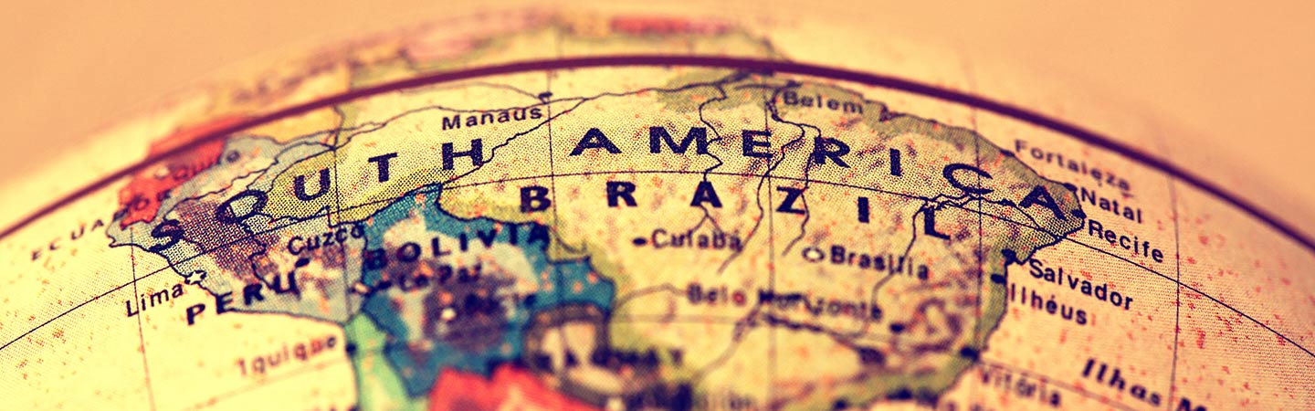 Close-up of South America on globe.