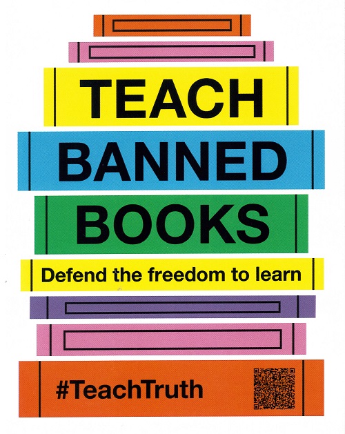 Stack of colored books. TEach Banned Books