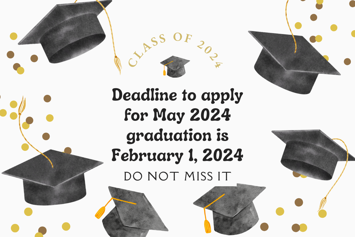 Deadline to apply for May 2024 Graduation is February 1, 2024. Do not miss it with graduation caps