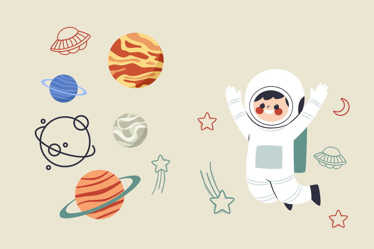 planets and cartoon astronaunt