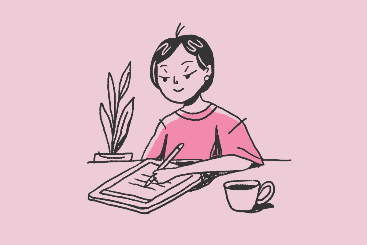 Woman Writing on paper dressed in pink with a cup of coffee