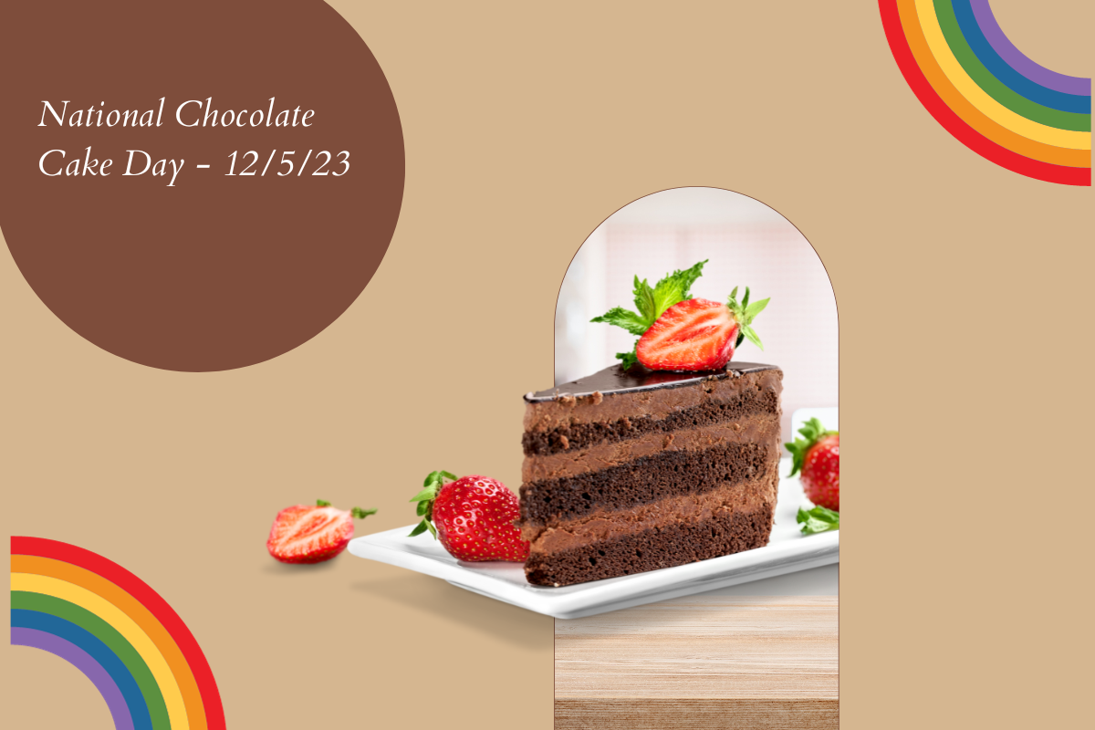 choclate cake slice with strawberries and rainbows in the corners