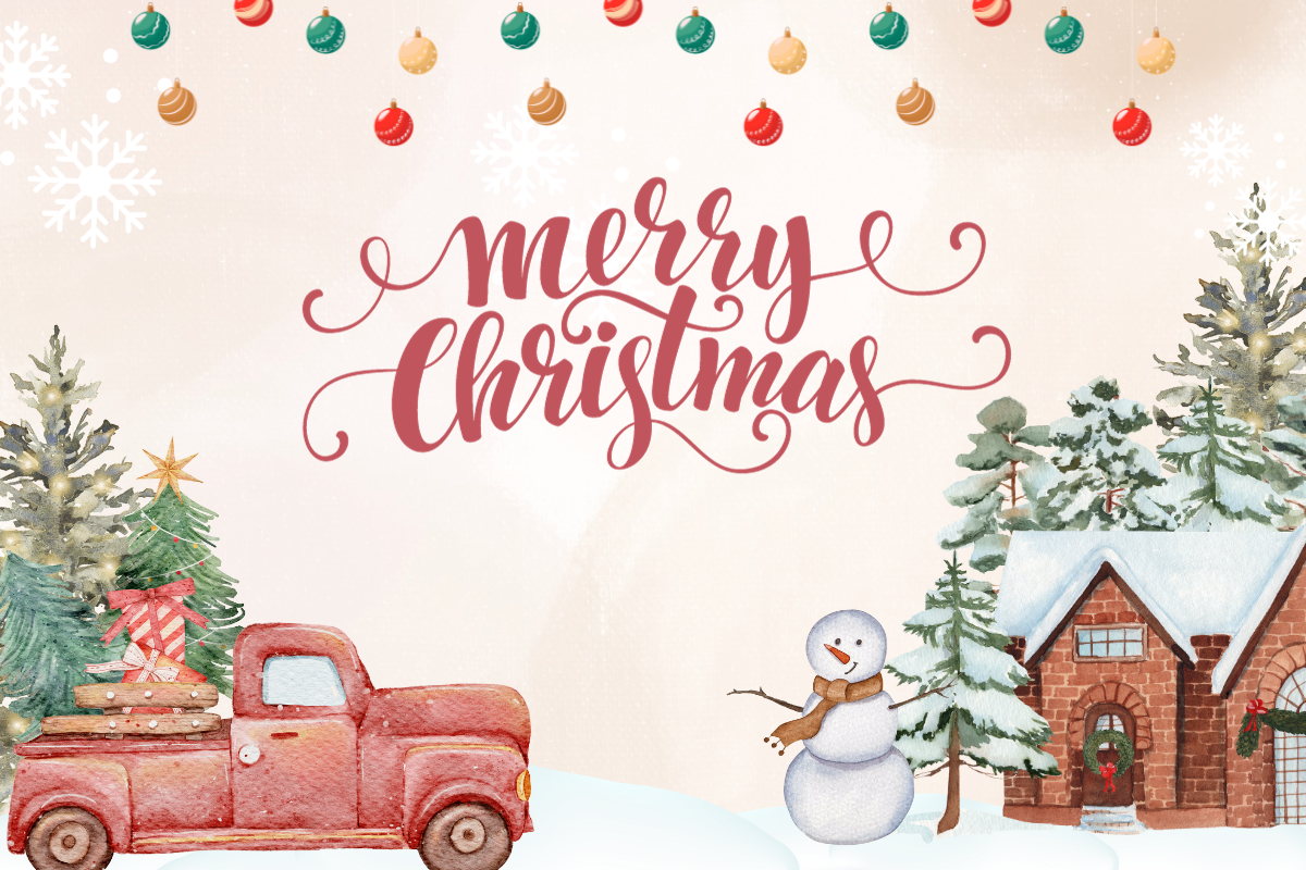Merry christmas red truck cabin and snowman